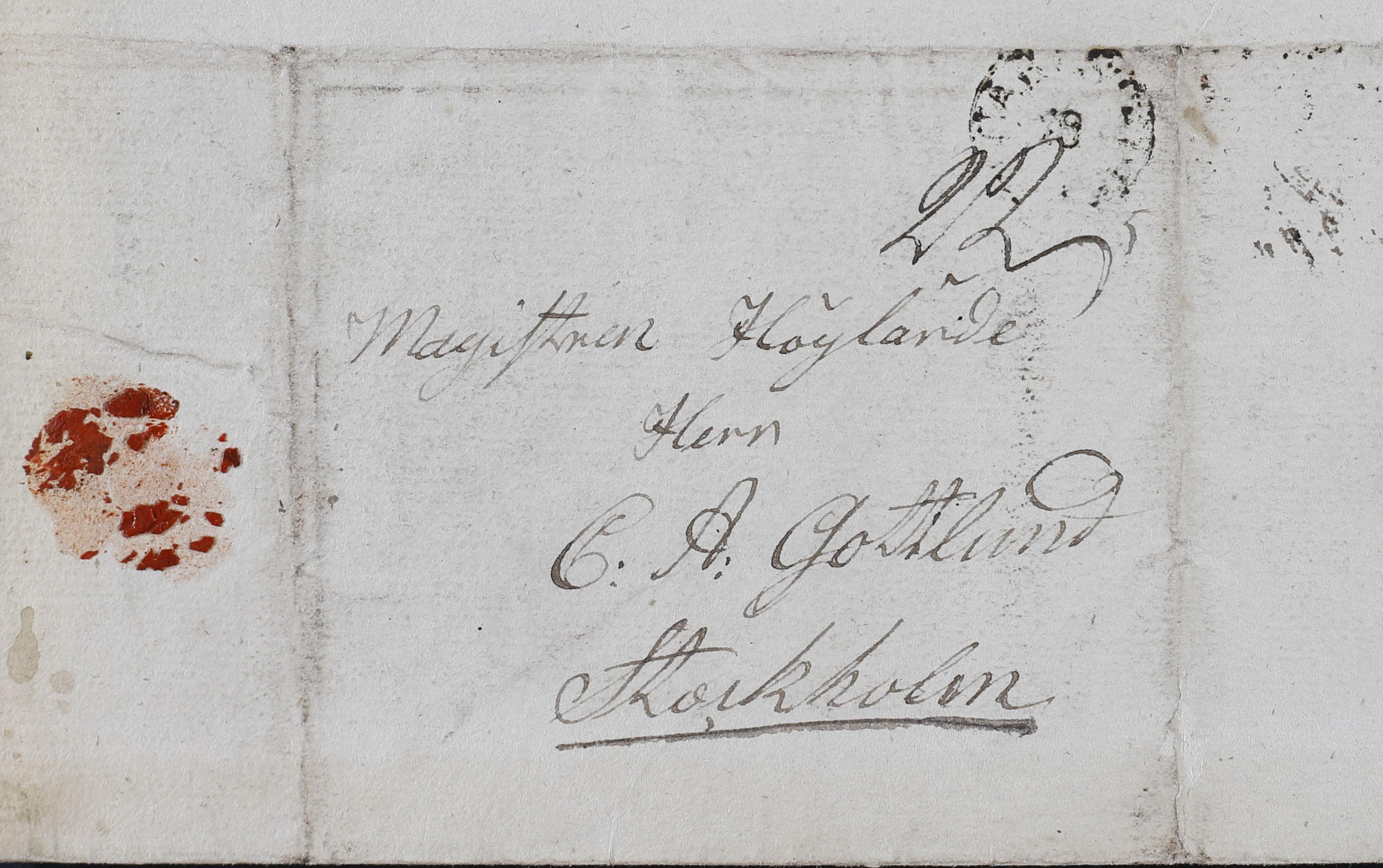 Gottlundille saapuneen kirjeen kirjekuori, jossa teksti 'Magister Höglärde Herr C: A: Gottlund Stockholm