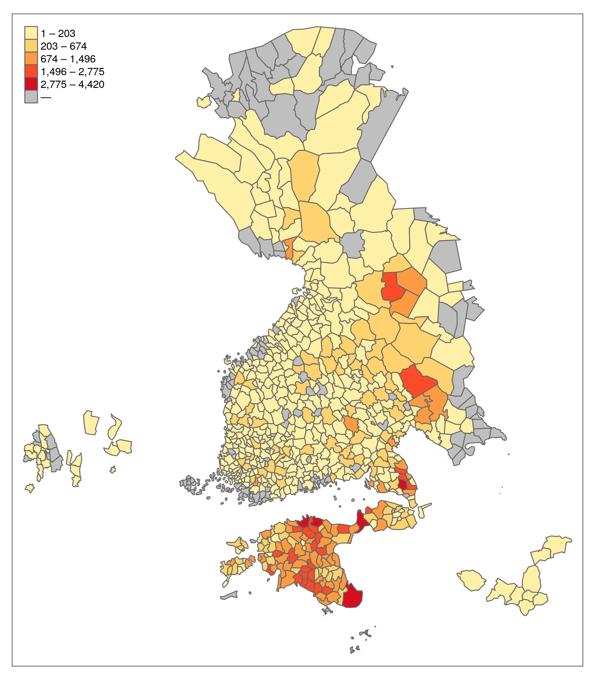Runojen määrä kunkin pitäjän alueella koko vuodesta 1564 vuoteen 1948 tallennetussa julkaistussa aineistossa (SKVR ja ERAB)