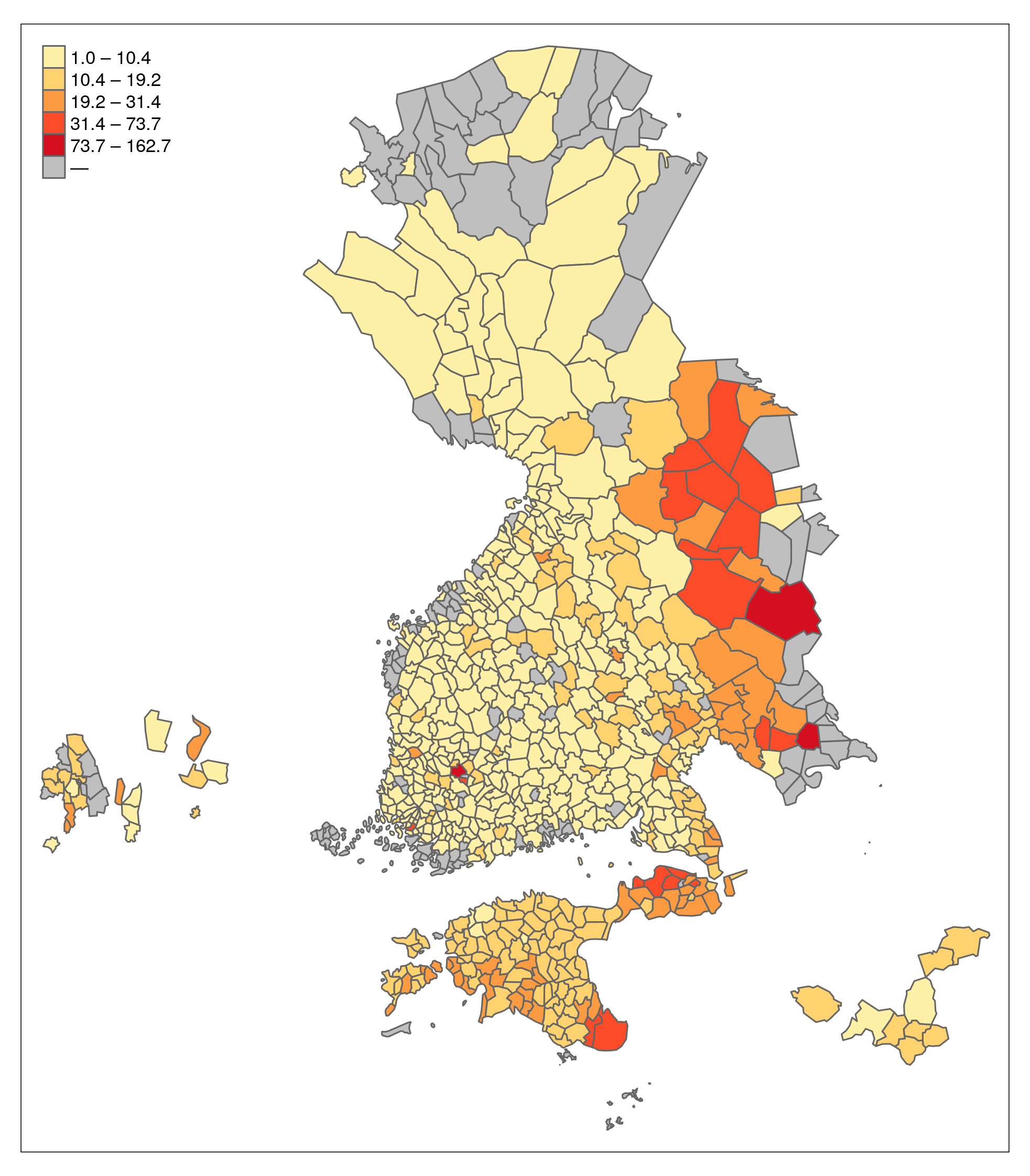 Runojen keskimääräinen pituus kunkin pitäjän alueella koko vuodesta 1564 vuoteen 1948 tallennetussa julkaistussa aineistossa (SKVR ja ERAB)