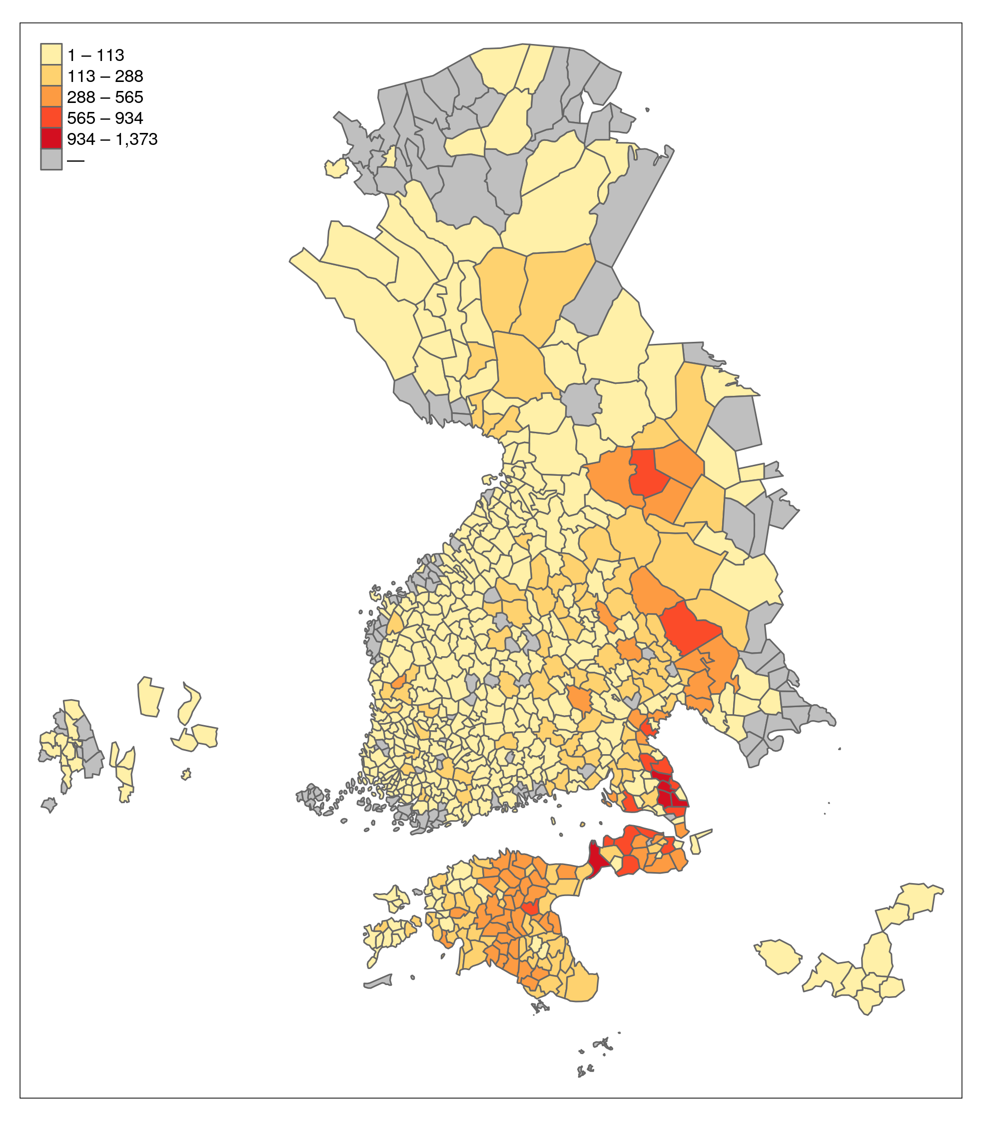 Hakemiston runotyyppien määrä kunkin pitäjän alueella koko vuodesta 1564 vuoteen 1948 tallennetussa julkaistussa aineistossa (SKVR ja ERAB)