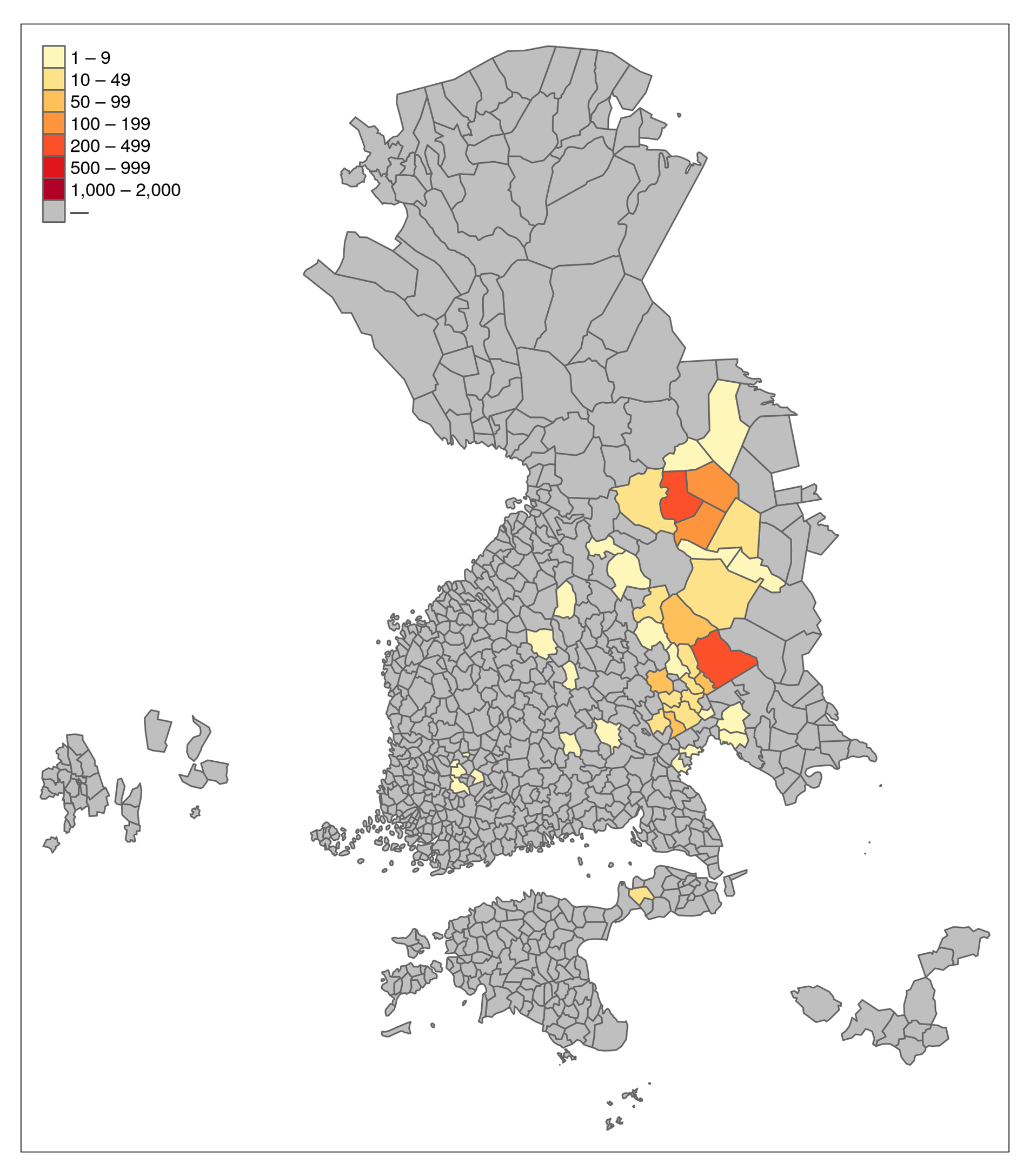 karttakuva: Lönnrotin tallentama julkaistu aineisto pitäjittäin.