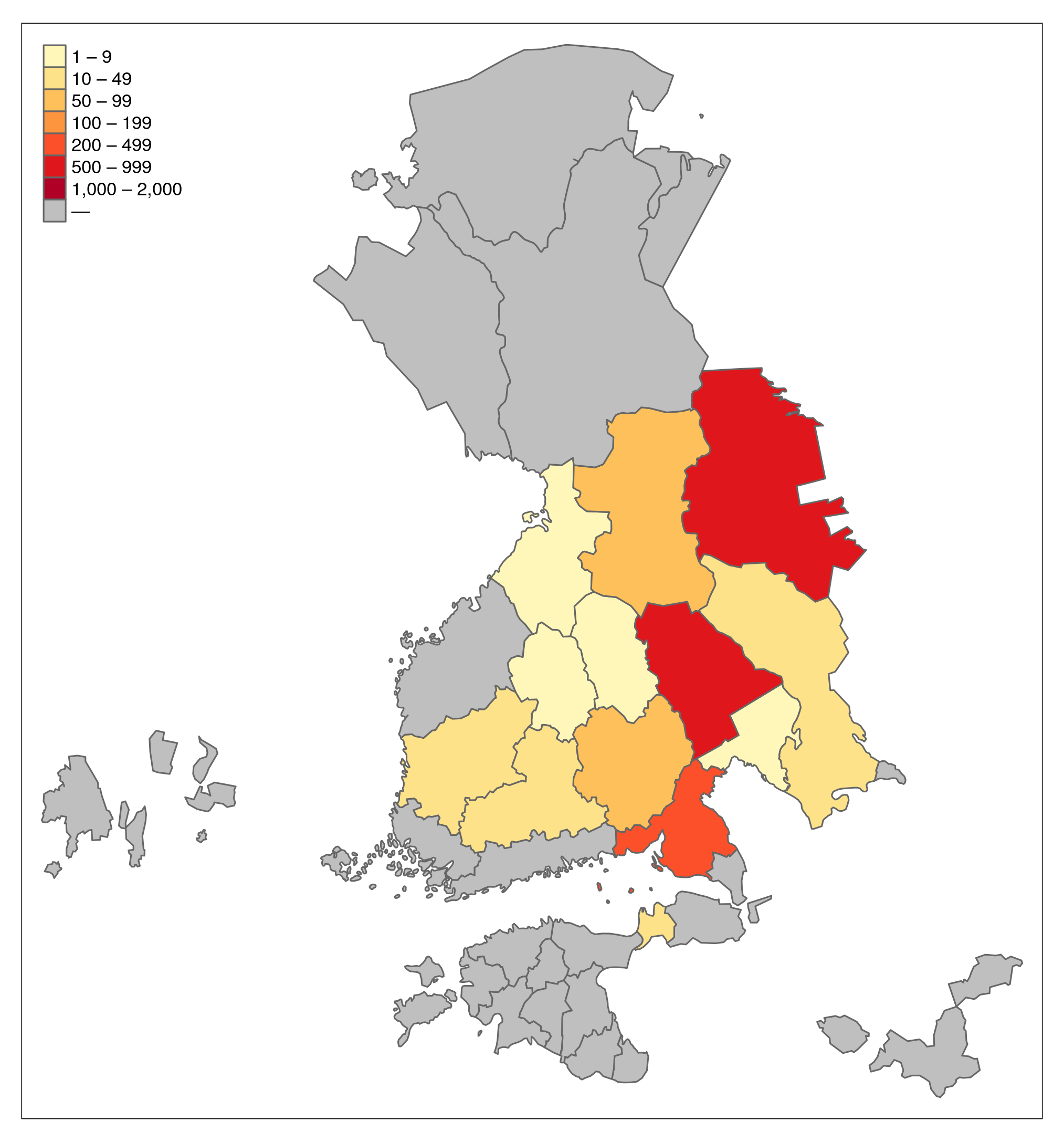 karttakuva: Lönnrotin tallentama julkaistu aineisto alueittain.
