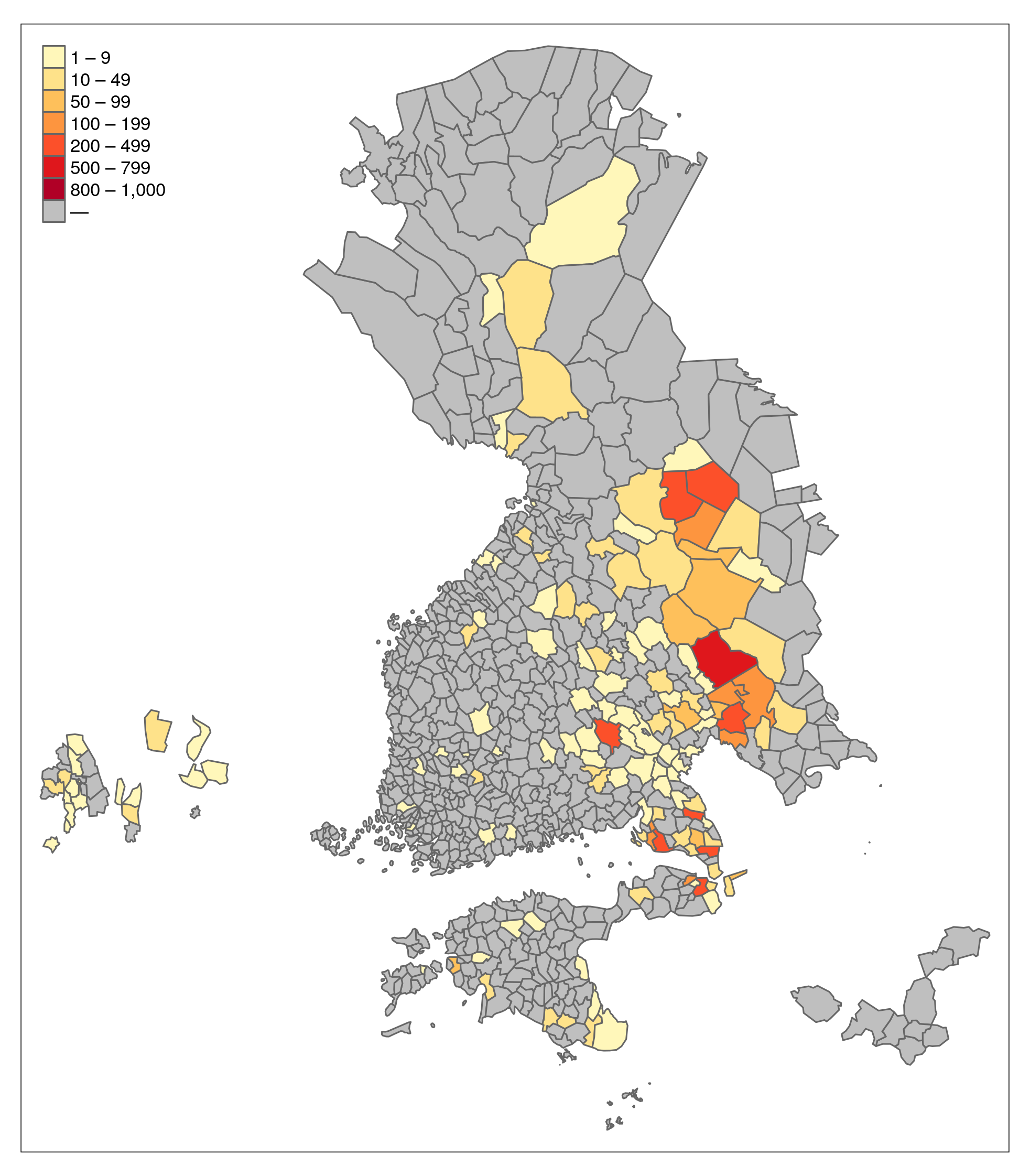 Karttakuva: muiden kuin Lönnrotin ennen Kalevalaa tallentama julkaistu aineisto pitäjittäin.