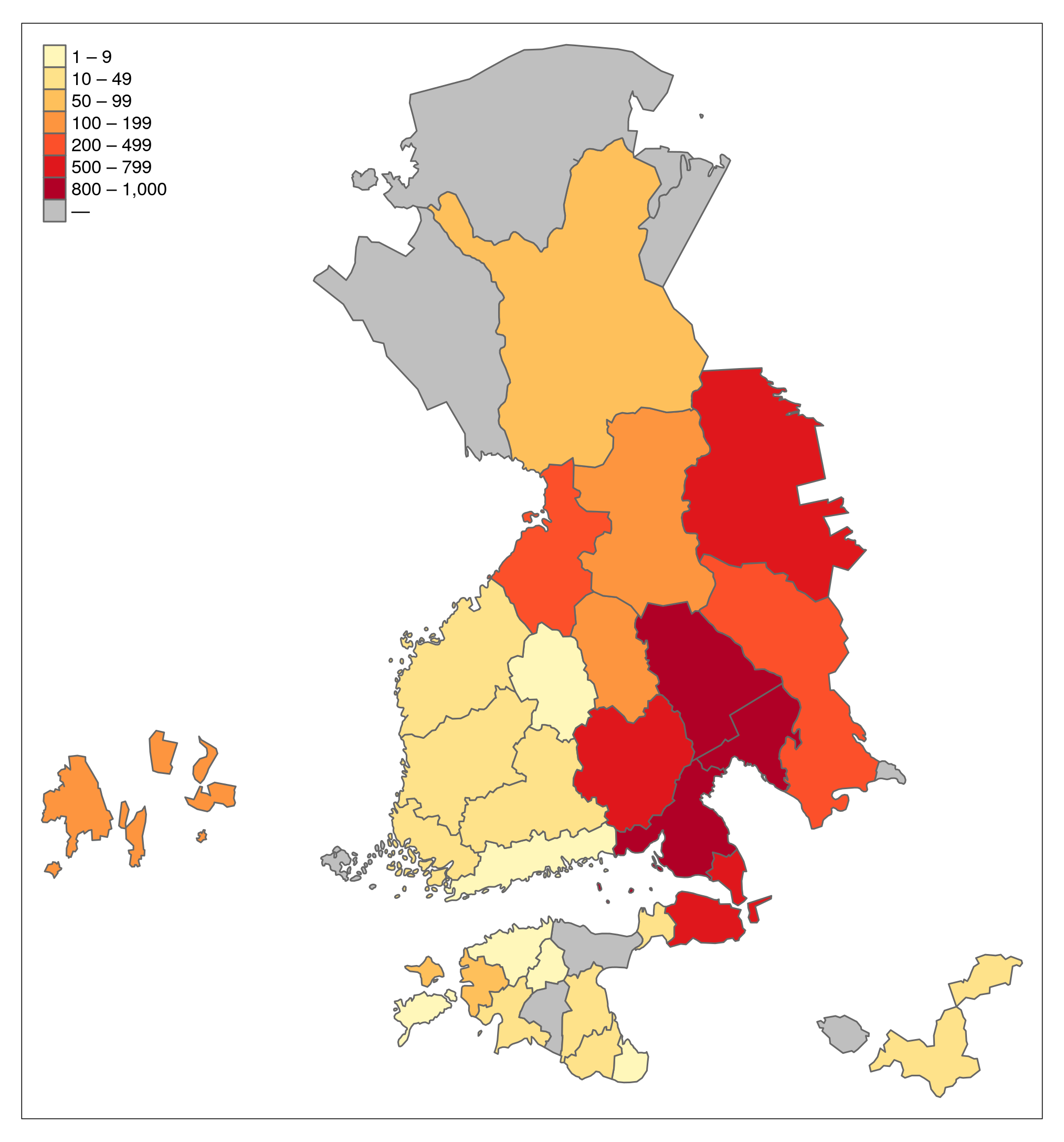 Karttakuva: muiden kuin Lönnrotin ennen Kalevaa tallentama julkaistu aineisto alueittain.